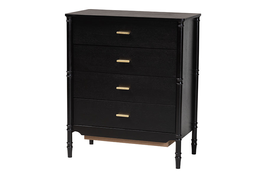 Marisela Black Wood Chest of Drawers with Gold Handles - 4-Drawer Vertical Storage Dresser with Bamboo-Inspired Legs, Modern Transitional Accent Furniture for Bedroom or Guest Room