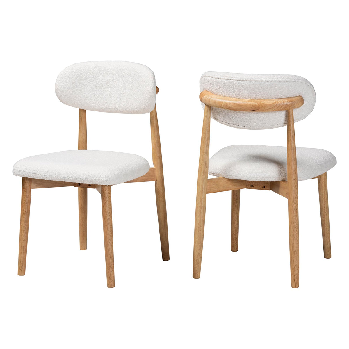Wattsu Boucle Upholstered Dining Chair Set of 2- Mid-Century Modern Side Chair with Solid Wood Frame and Rounded Backrest, Natural and White