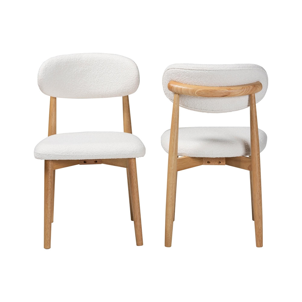 Wattsu Boucle Upholstered Dining Chair Set of 2- Mid-Century Modern Side Chair with Solid Wood Frame and Rounded Backrest, Natural and White