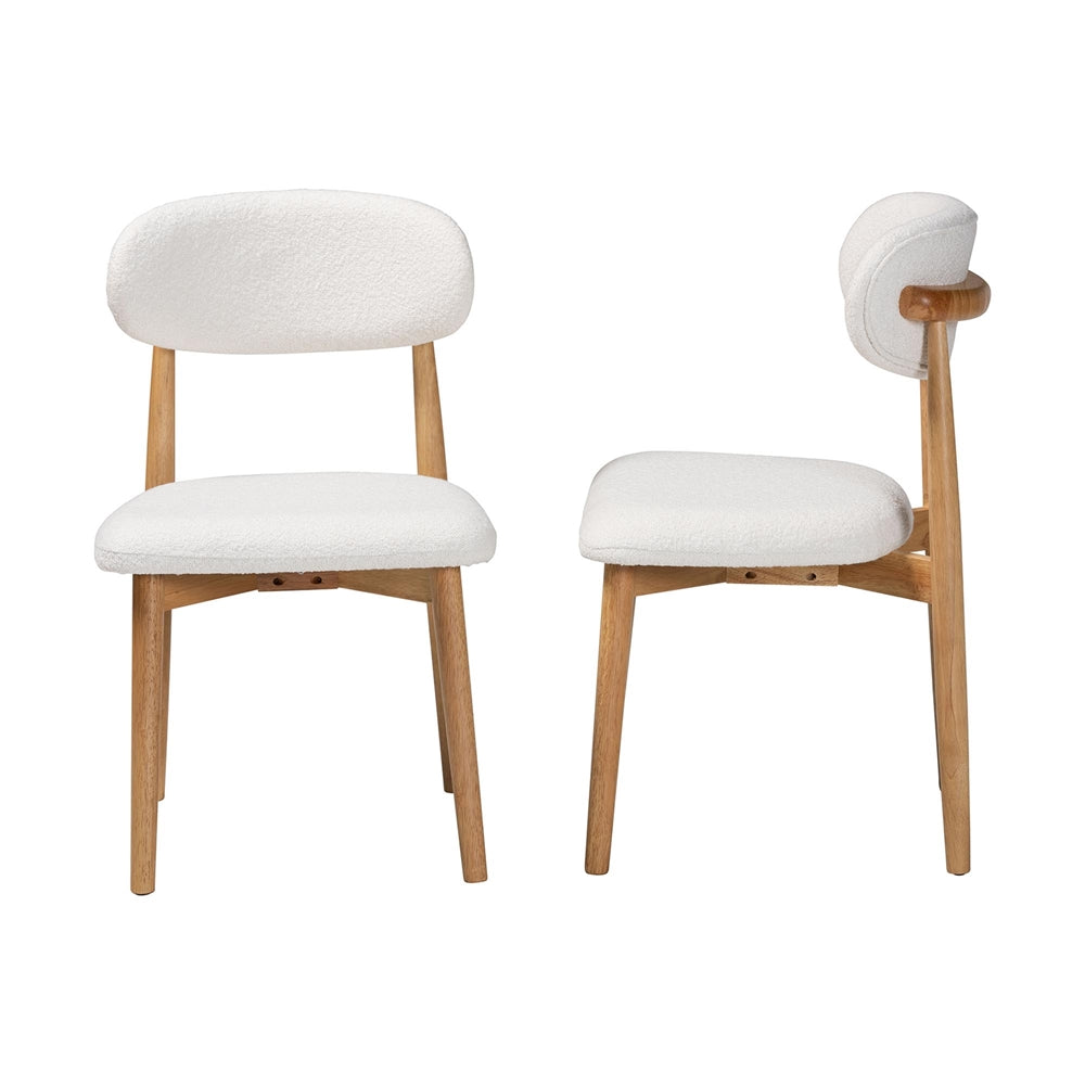 Wattsu Boucle Upholstered Dining Chair Set of 2- Mid-Century Modern Side Chair with Solid Wood Frame and Rounded Backrest, Natural and White