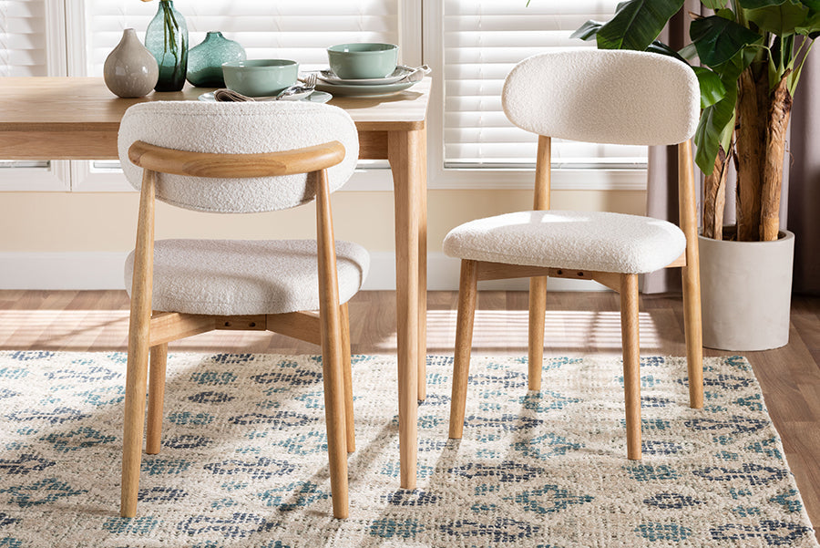 Wattsu Boucle Upholstered Dining Chair Set of 2- Mid-Century Modern Side Chair with Solid Wood Frame and Rounded Backrest, Natural and White