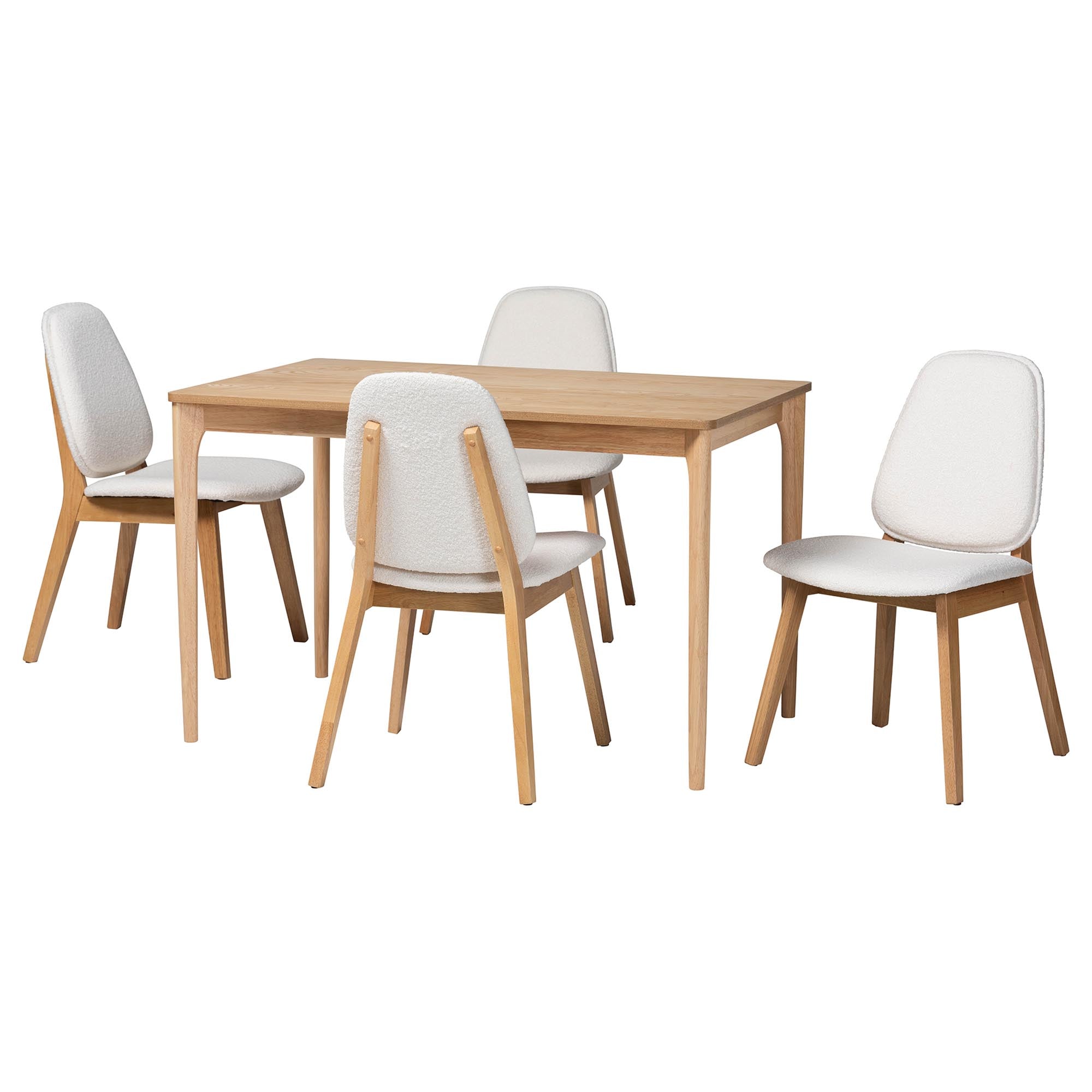 Baxton Studio Hudson 5-Piece Dining Set - Solid Wood Rectangular Table with Boucle Upholstered Chairs, Mid-Century Modern Dining Furniture for Kitchen or Dining Room, Natural and White