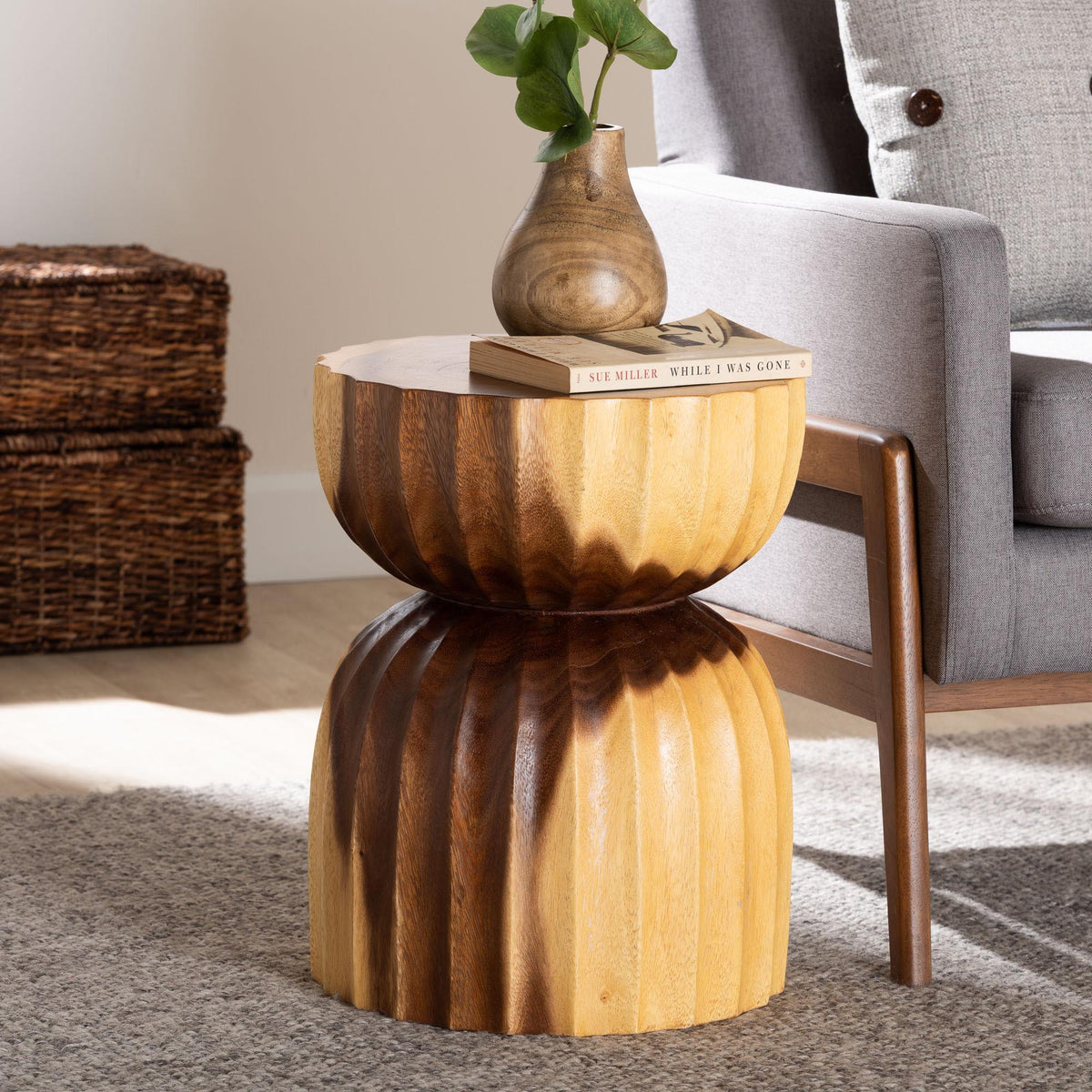 Noleta Hand-carved Suar Wood Side Table - Sculptural Hourglass Accent Table with Natural Grain, Modern Boho Style for Living Room or Bedroom
