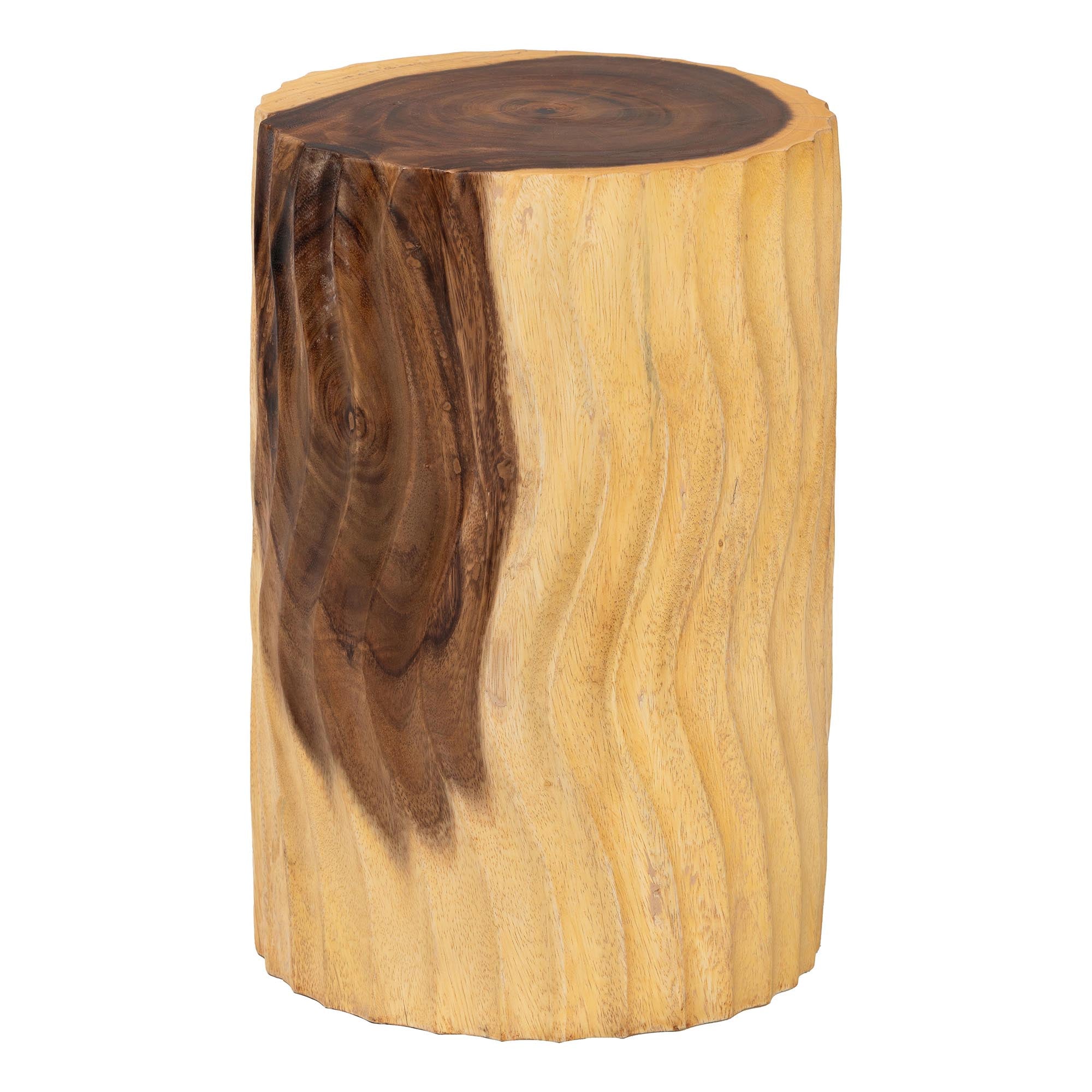 Fuchsia Hand-carved Suar Wood Side Table - Round Sculptural Accent Table with Wave Design, Modern Boho Rustic Style for Living Room or Bedroom
