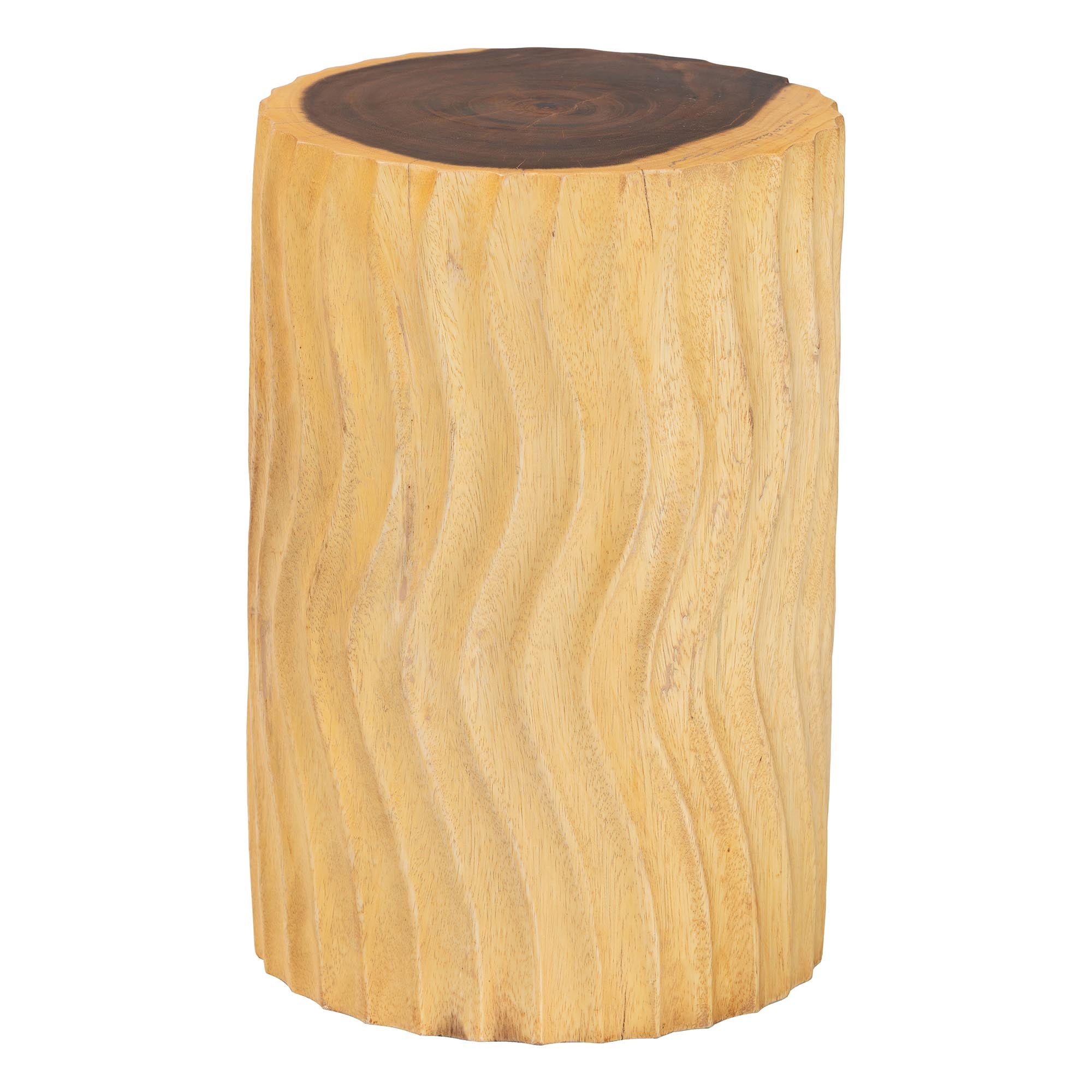 Fuchsia Hand-carved Suar Wood Side Table - Round Sculptural Accent Table with Wave Design, Modern Boho Rustic Style for Living Room or Bedroom