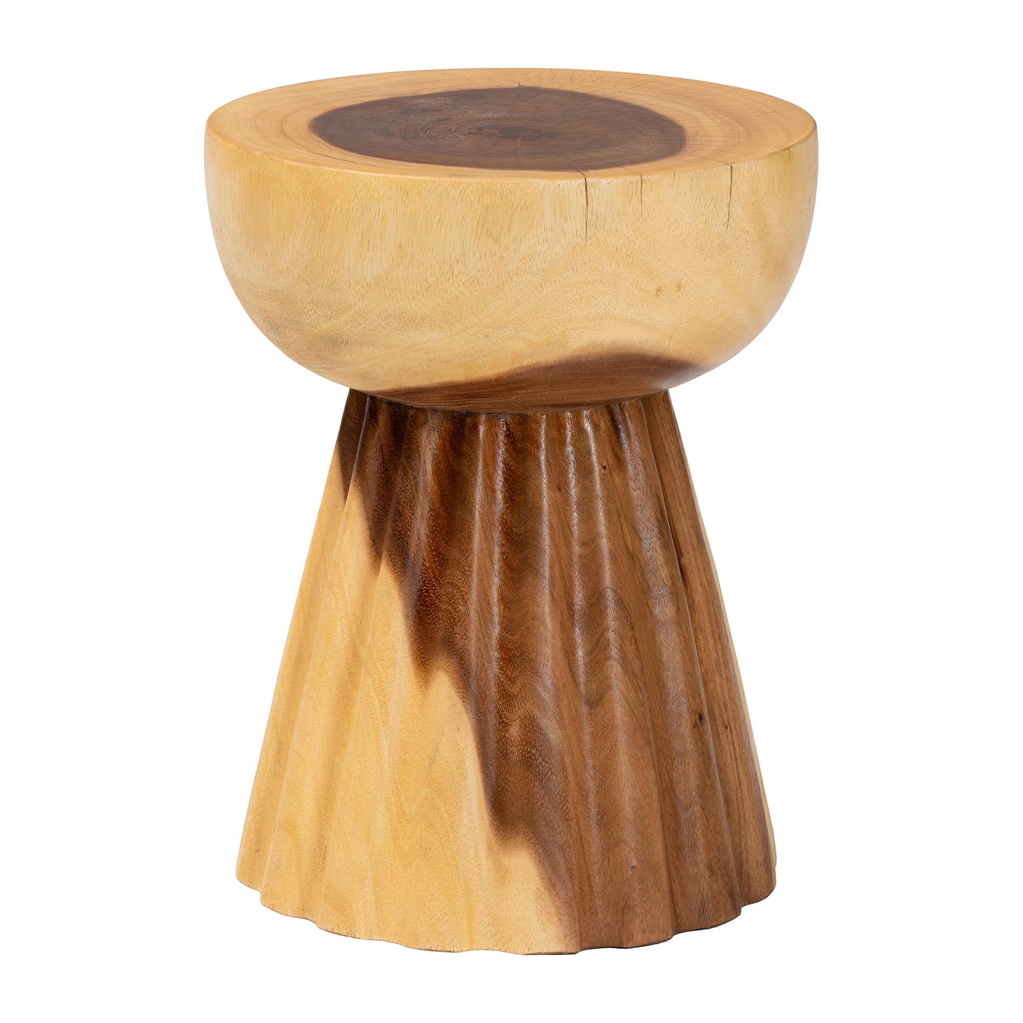 bali & pari Alara Hand-carved Suar Wood Side Table - Sculptural Pedestal Accent Table with Natural Grain, Modern Boho Style for Living Room or Bedroom
