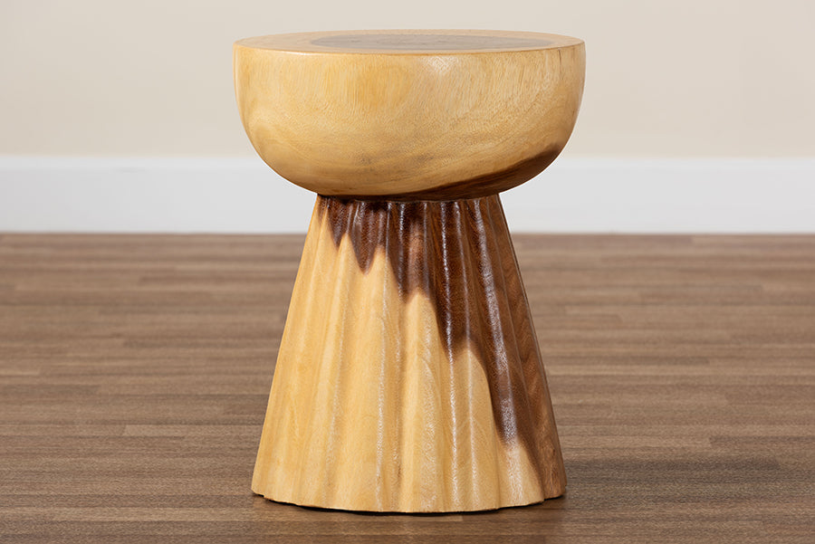bali & pari Alara Hand-carved Suar Wood Side Table - Sculptural Pedestal Accent Table with Natural Grain, Modern Boho Style for Living Room or Bedroom