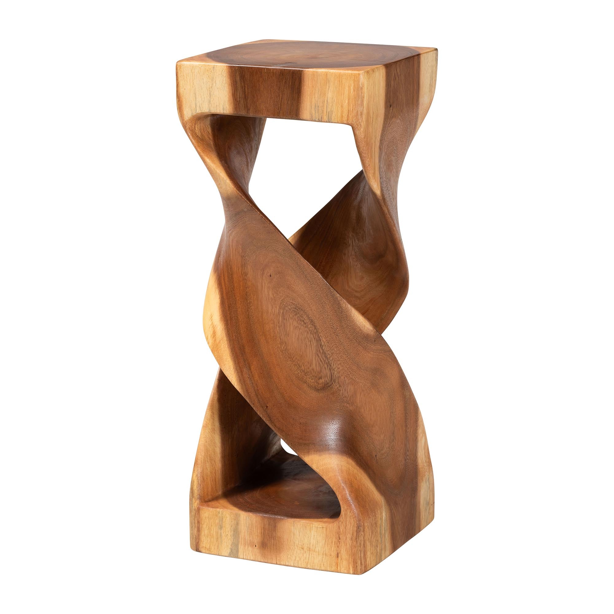 bali & pari Rapha Suar Wood Accent Table - Hand-Carved Sculptural Pedestal Stand with Twist Design, Modern Boho Side Table for Living Room or Entryway, 29.5" Tall