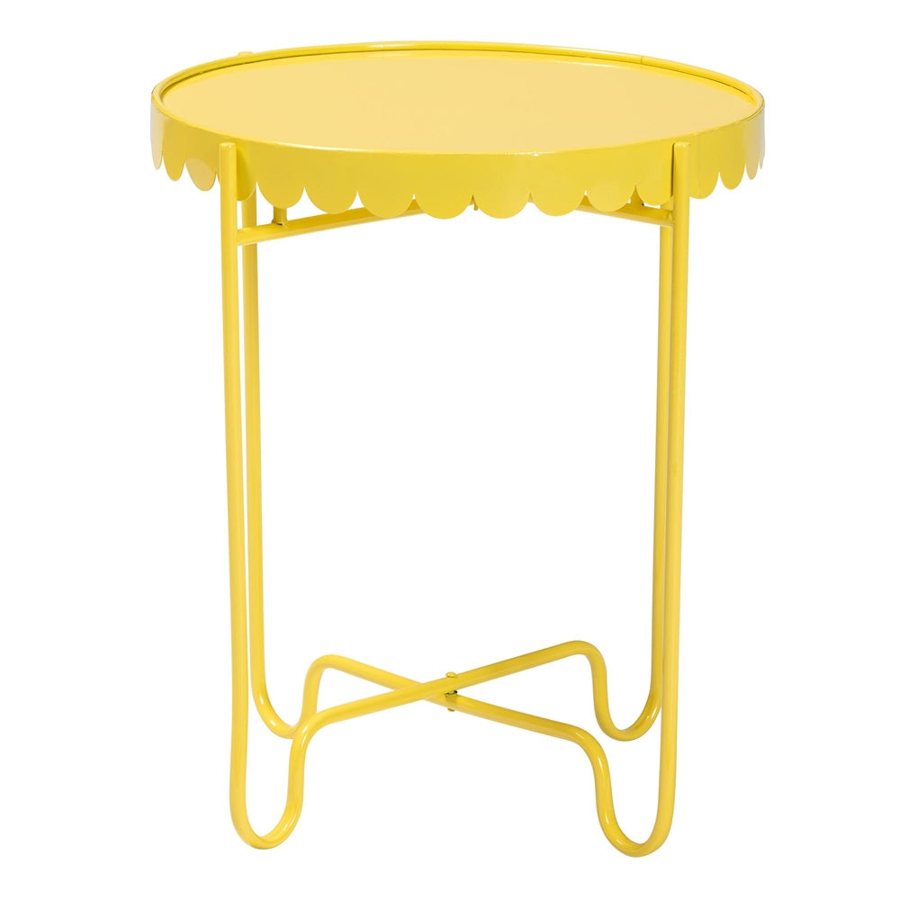 Laverne Yellow Metal Side Table with Scalloped Tray Top - Round Accent Table with Decorative Base for Indoor or Semi-Outdoor Use