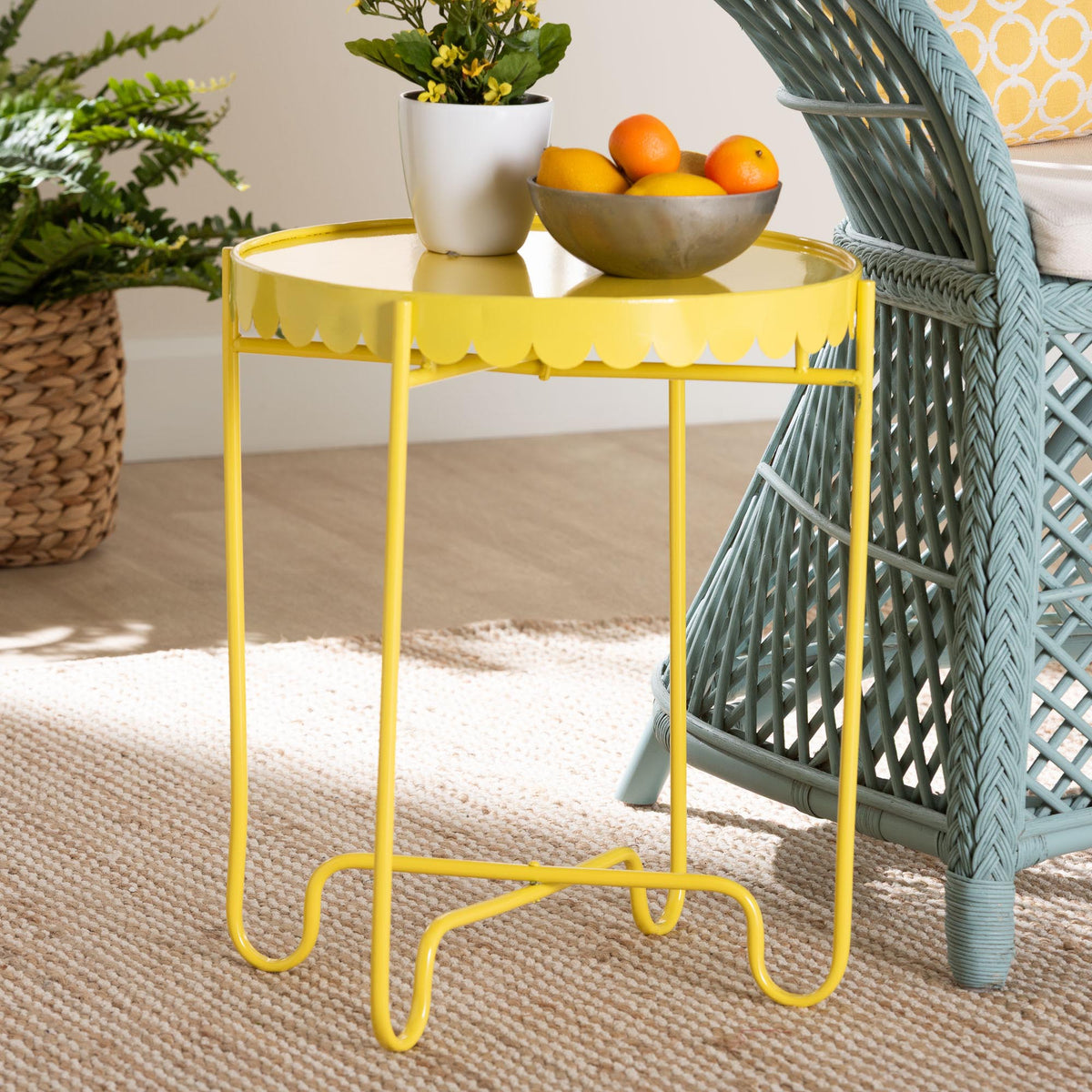 Laverne Yellow Metal Side Table with Scalloped Tray Top - Round Accent Table with Decorative Base for Indoor or Semi-Outdoor Use