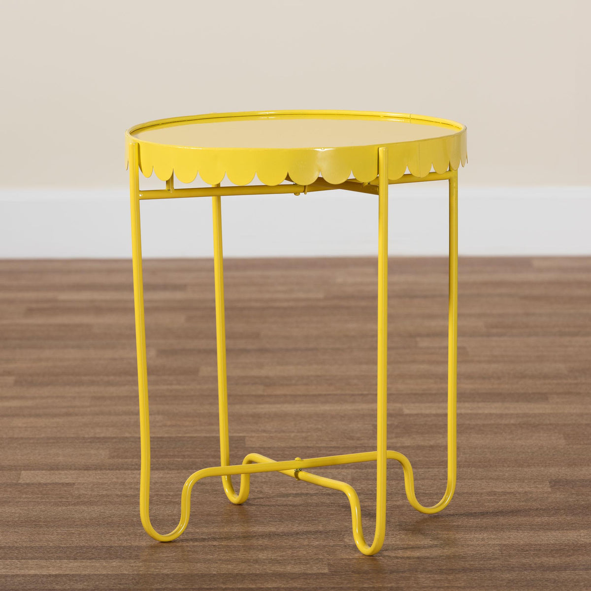 Laverne Yellow Metal Side Table with Scalloped Tray Top - Round Accent Table with Decorative Base for Indoor or Semi-Outdoor Use