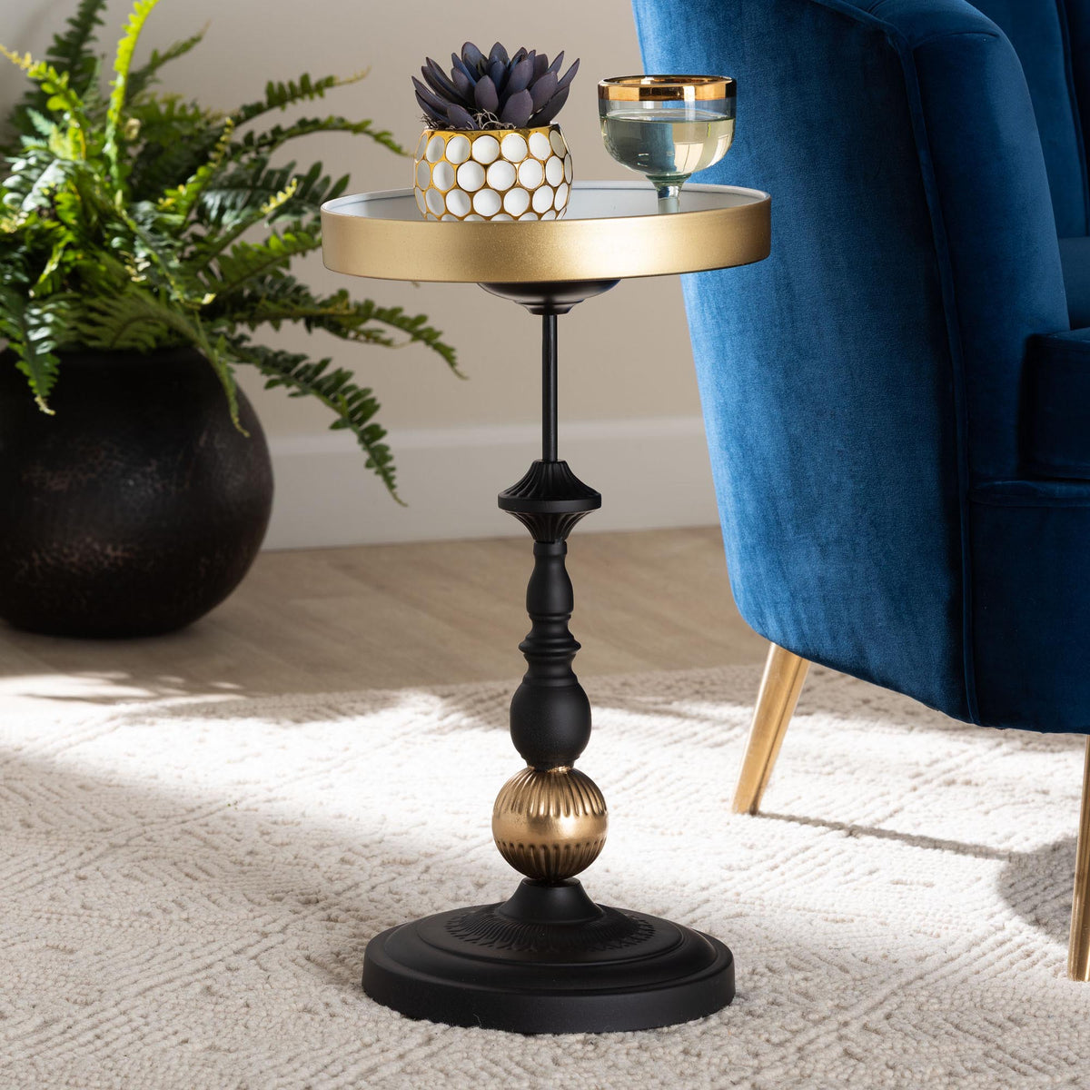 Javion Modern Round Accent Side Table - Black & Gold Metal End Table with Tray Top for Indoor or Semi-Outdoor Use
