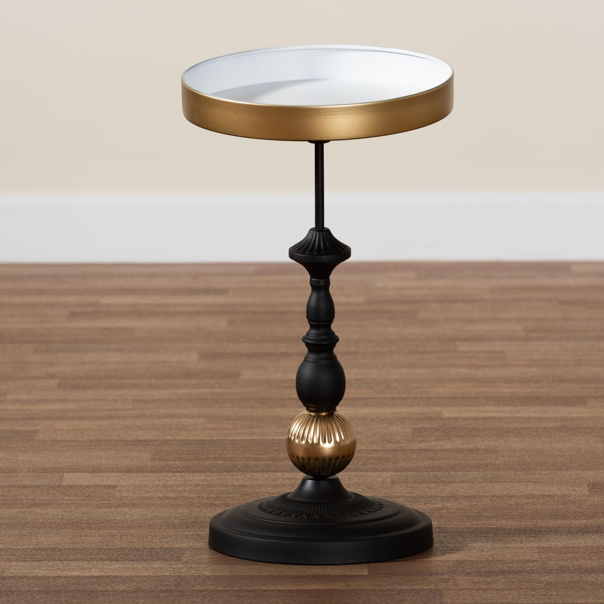 Javion Modern Round Accent Side Table - Black & Gold Metal End Table with Tray Top for Indoor or Semi-Outdoor Use