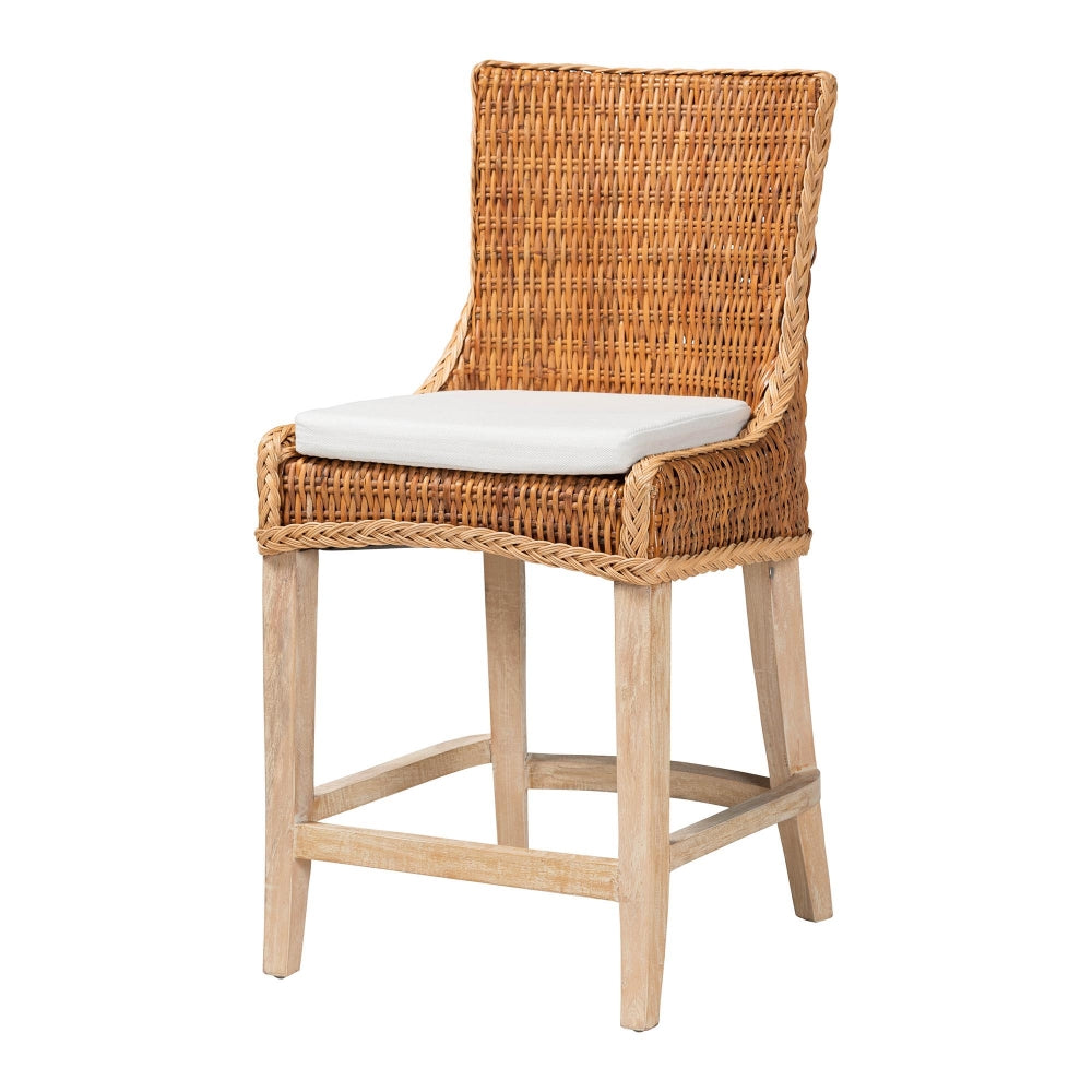 Derris Natural Rattan Counter Stool with Cushion - Tall Wingback Stool with Solid Mango Wood Legs and Footrest, Boho Coastal Style for Kitchen Island or Dining Area Seating, Light Honey