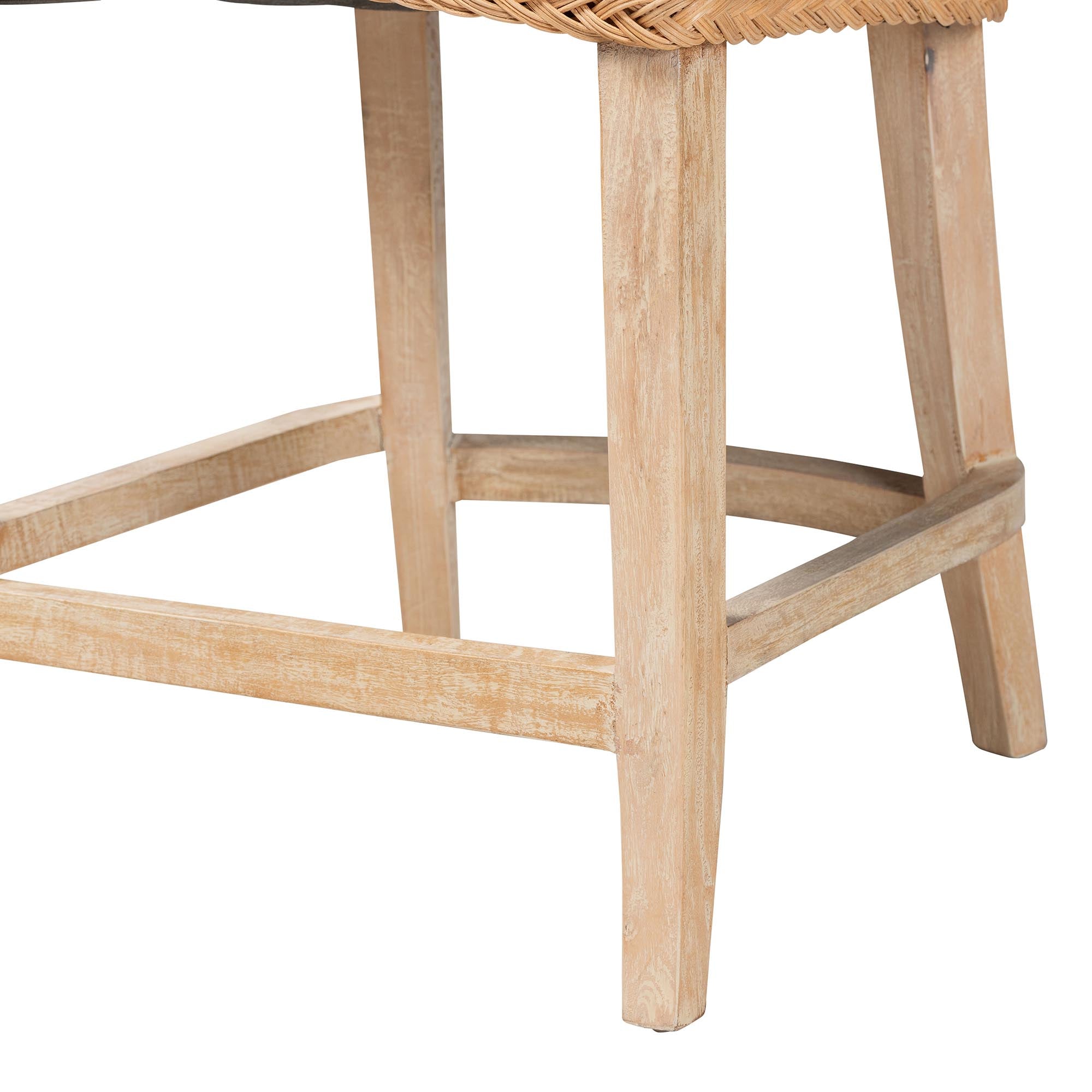 Derris Natural Rattan Counter Stool with Cushion - Tall Wingback Stool with Solid Mango Wood Legs and Footrest, Boho Coastal Style for Kitchen Island or Dining Area Seating, Light Honey