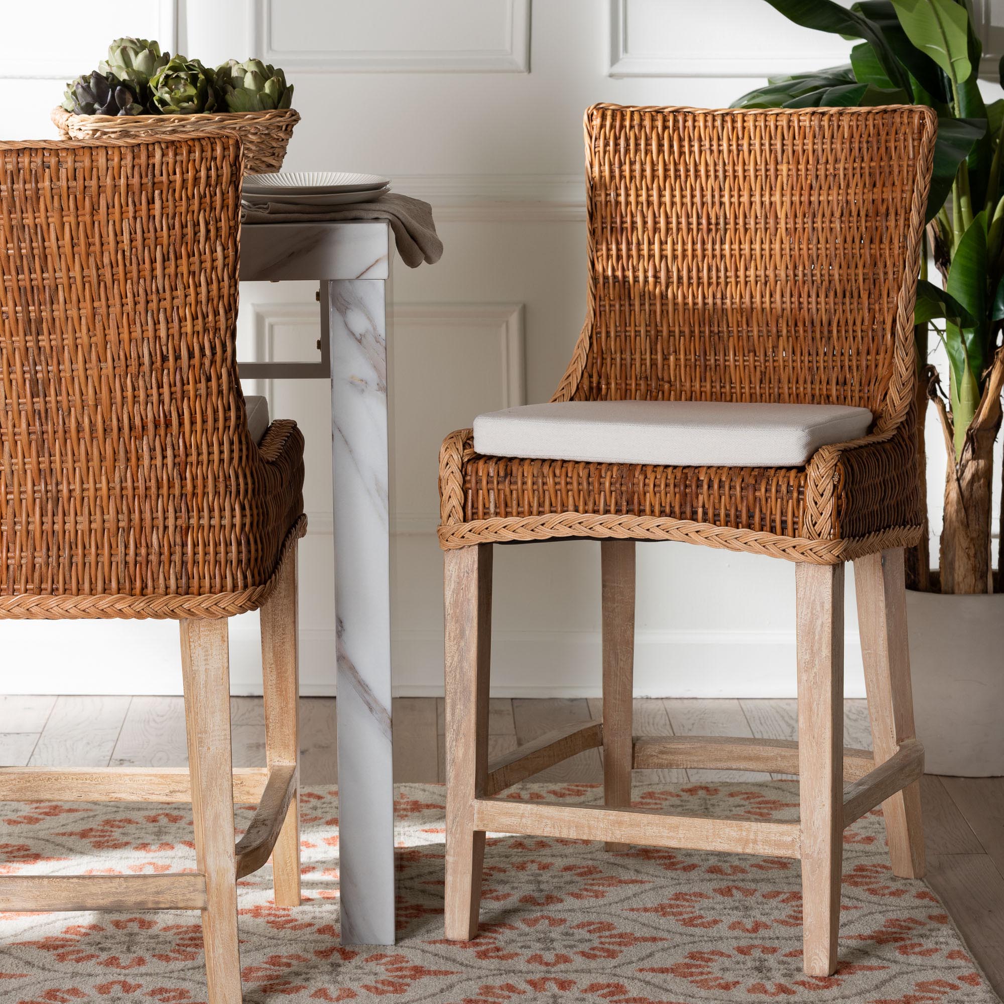 Derris Natural Rattan Counter Stool with Cushion - Tall Wingback Stool with Solid Mango Wood Legs and Footrest, Boho Coastal Style for Kitchen Island or Dining Area Seating, Light Honey