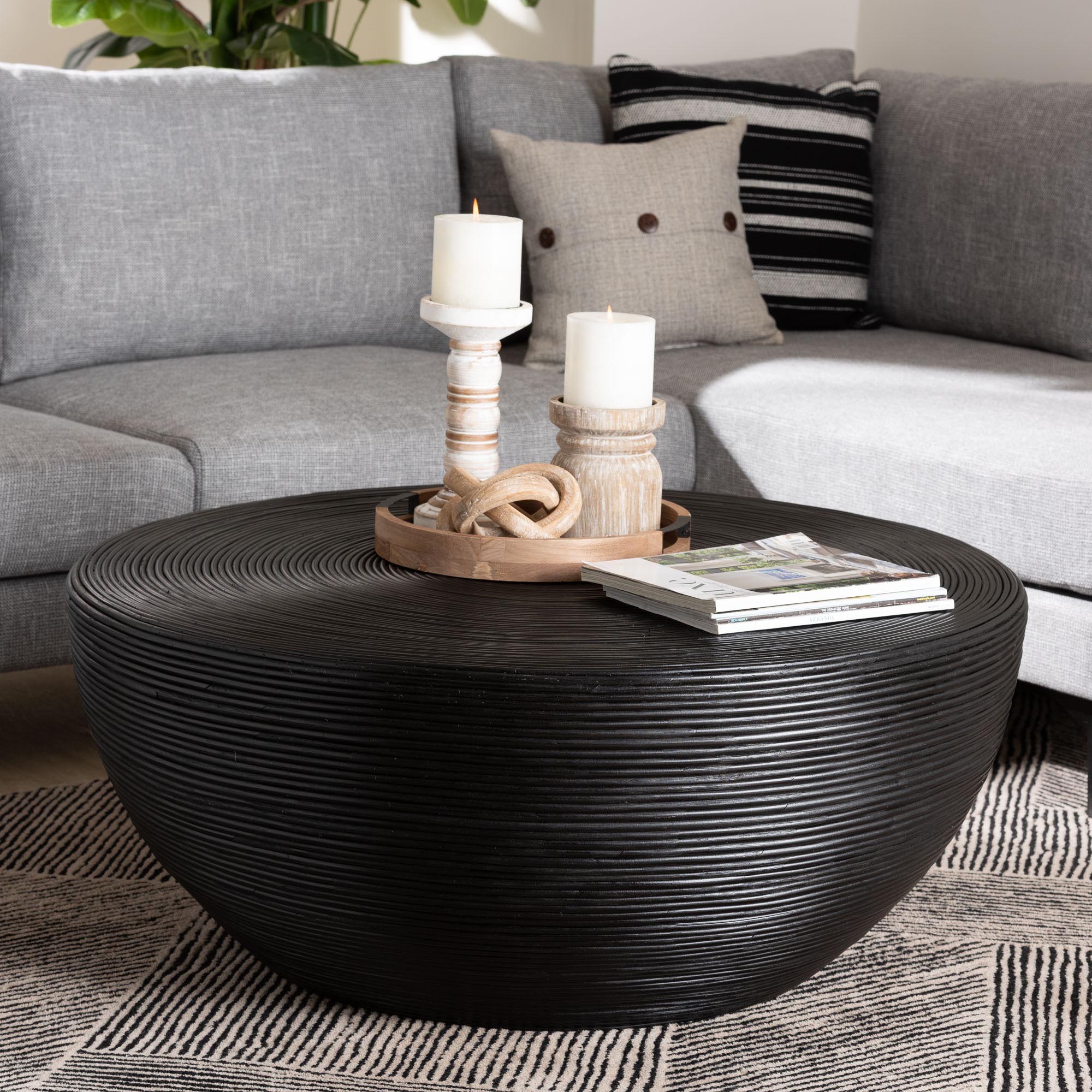 Tokyo Laminated Natural Rattan Coffee Table - Handcrafted Bowl-Shaped Center Table for Living Room, Coastal Boho Style Furniture in Black