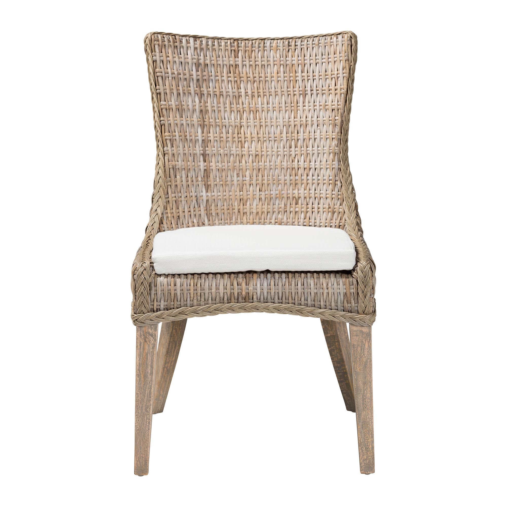 Derris Natural Rattan Dining Chair with Cushion - Tall Wingback Side Chair with Solid Mango Wood Legs, Boho Coastal Style for Kitchen or Dining Room Seating, Greywashed