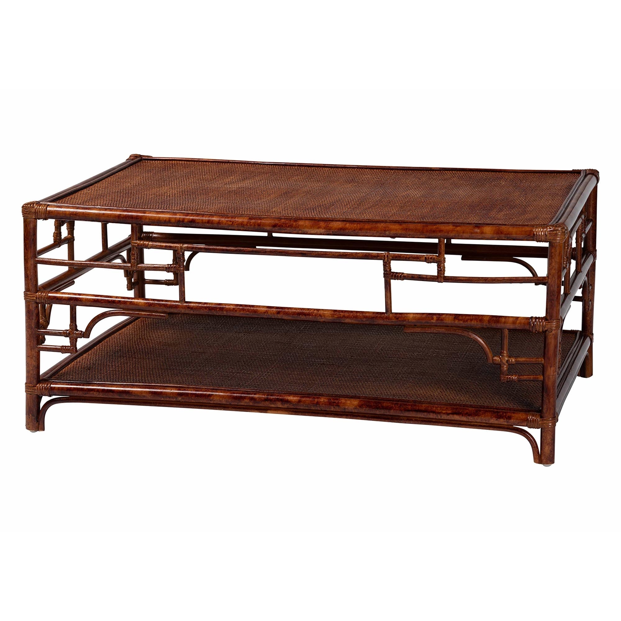 Sebalio Tortoise Natural Rattan Coffee Table with Open Shelf - Vintage Style Center Table for Living Room, Sunroom, or Coastal Living Space