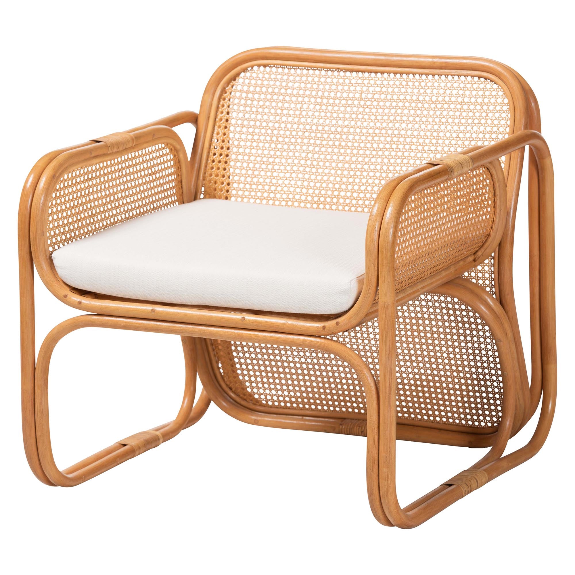 bali & pari Cambridge Natural Rattan Armchair - Handcrafted Lounge Chair with Cushion, Rounded Frame with Cane Woven Panels, Accent Seating for Living Room or Sunroom