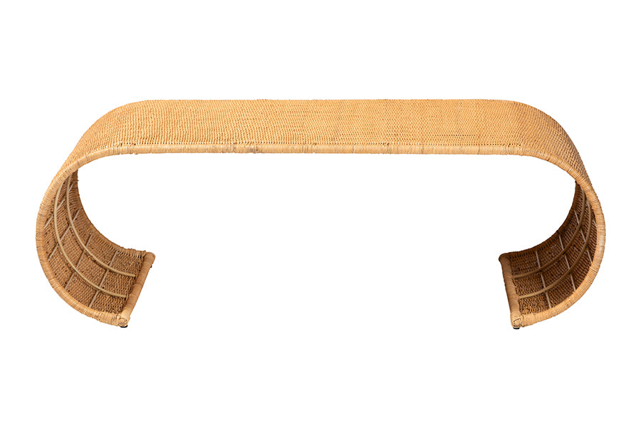 Palm Waterfall Natural Rattan Coffee Table - Handwoven Wicker Centerpiece with Curved Silhouette for Boho, Coastal, or Tropical Living Room and Lounge Area