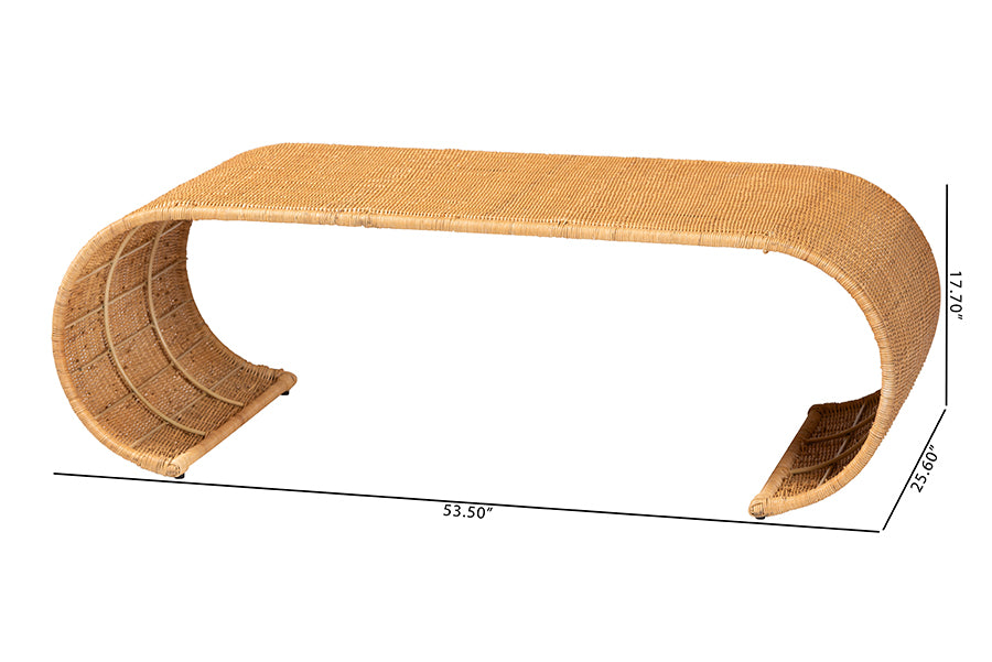 Palm Waterfall Natural Rattan Coffee Table - Handwoven Wicker Centerpiece with Curved Silhouette for Boho, Coastal, or Tropical Living Room and Lounge Area