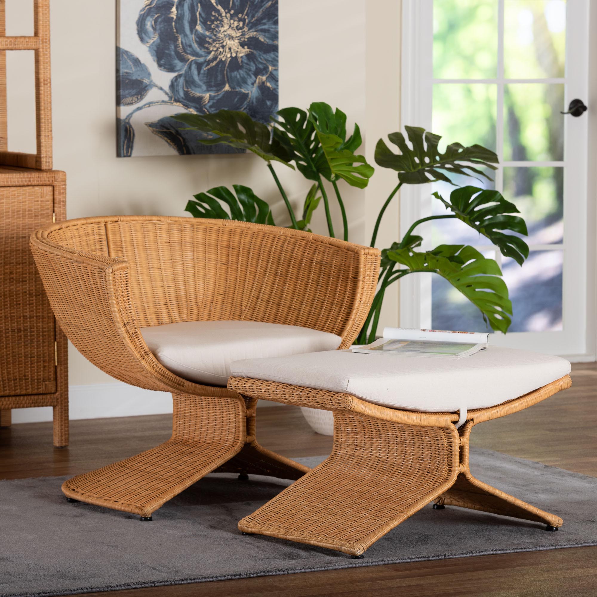 bali & pari Reya Natural Rattan 2-Piece Living Room Set - Handwoven Wicker Accent Seating with Pedestal Base for Modern Boho, Coastal, or Tropical Living Room Spaces