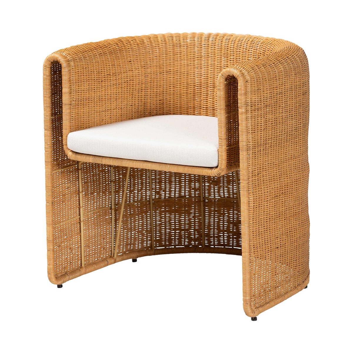 Carina Natural Rattan Barrel Dining Chair - Handwoven Wicker Accent Chair with Curved Backrest and Removable Cushion, Coastal Boho Kitchen or Dining Room Seating