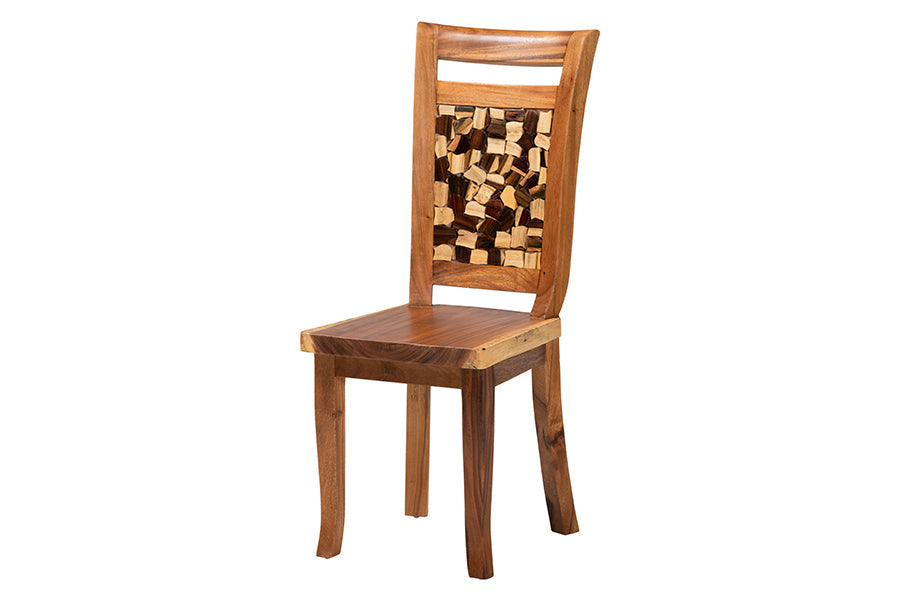 bali & pari Luan Suar Wood Dining Chair - Handcrafted Solid Wood Seat with Mosaic Backrest Inlay, Rustic Modern Accent Chair for Kitchen or Dining Room