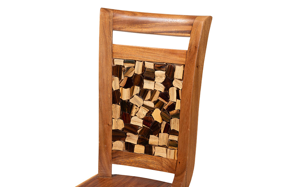 bali & pari Luan Suar Wood Dining Chair - Handcrafted Solid Wood Seat with Mosaic Backrest Inlay, Rustic Modern Accent Chair for Kitchen or Dining Room
