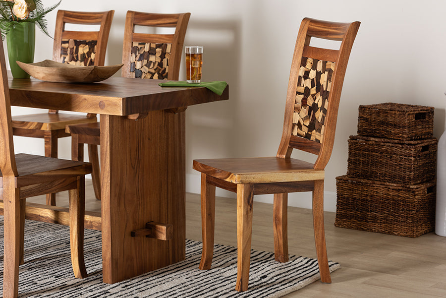 bali & pari Luan Suar Wood Dining Chair - Handcrafted Solid Wood Seat with Mosaic Backrest Inlay, Rustic Modern Accent Chair for Kitchen or Dining Room