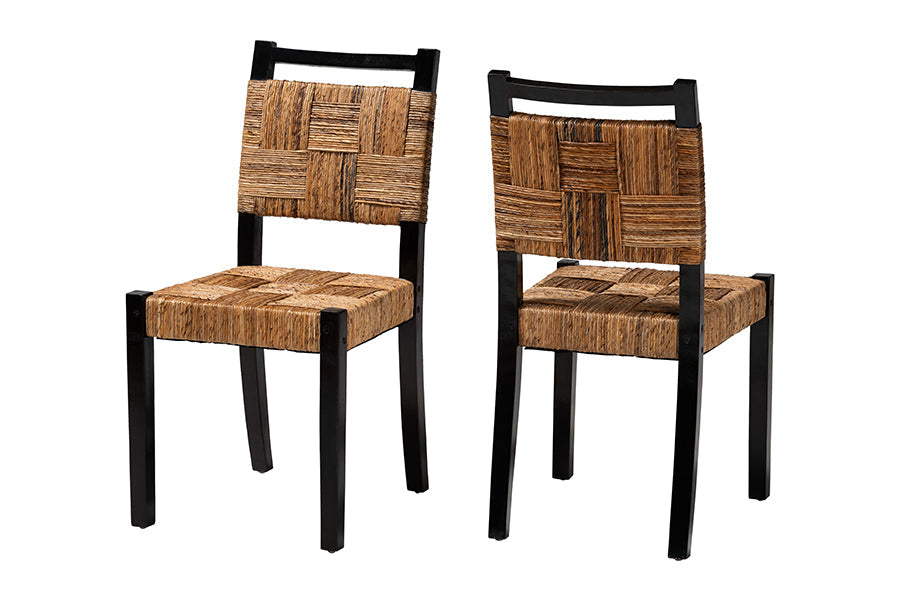 Raniya Handwoven Seagrass Dining Chair Set of 2- Solid Mango Wood Frame with Woven Seat and Backrest, Rustic Boho Style Kitchen or Dining Room Seating, Black
