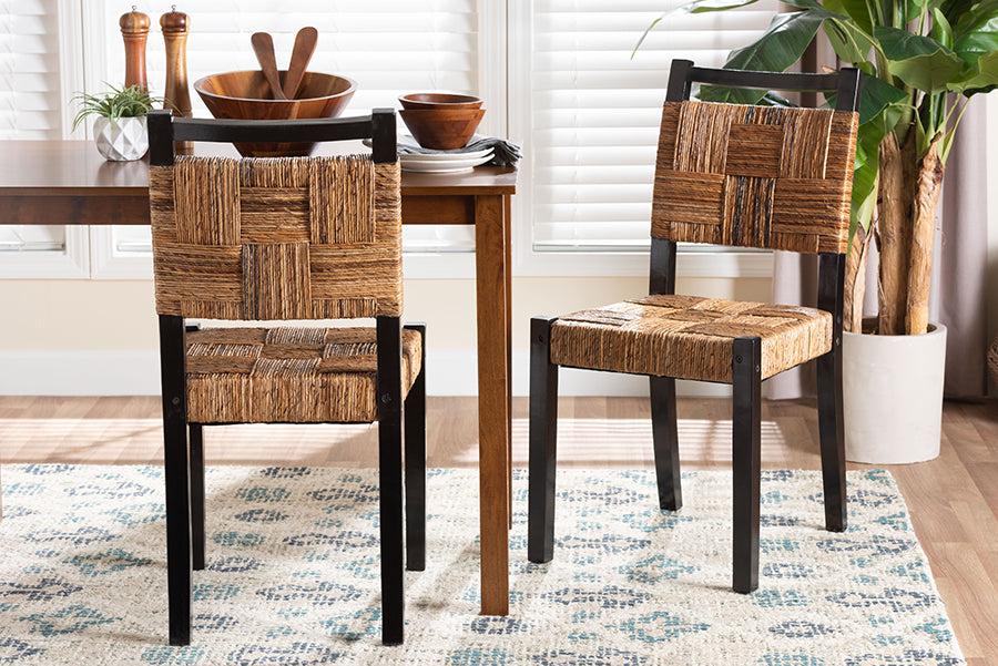 Raniya Handwoven Seagrass Dining Chair Set of 2- Solid Mango Wood Frame with Woven Seat and Backrest, Rustic Boho Style Kitchen or Dining Room Seating, Black