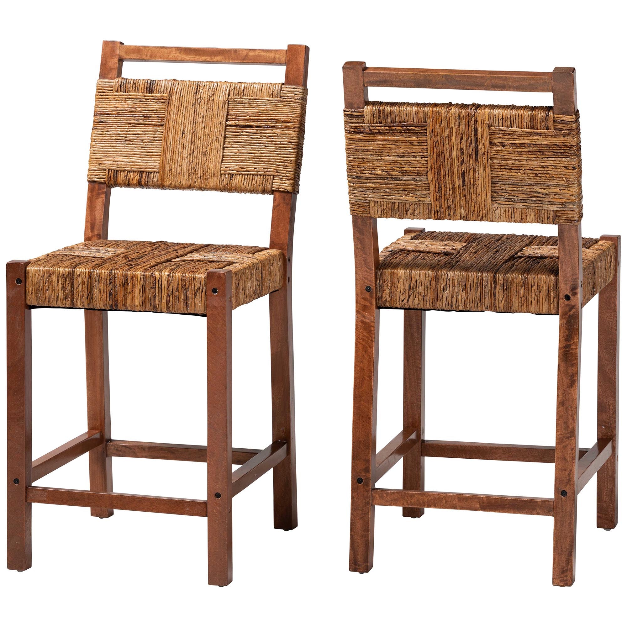 Chabela Seagrass Counter Stool Set of 2 - Solid Mango Wood Frame with Woven Seat and Backrest, Rustic Boho Style Dining or Kitchen Island Seating, Brown