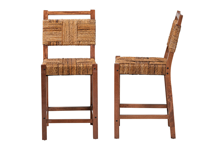 Chabela Seagrass Counter Stool Set of 2 - Solid Mango Wood Frame with Woven Seat and Backrest, Rustic Boho Style Dining or Kitchen Island Seating, Brown