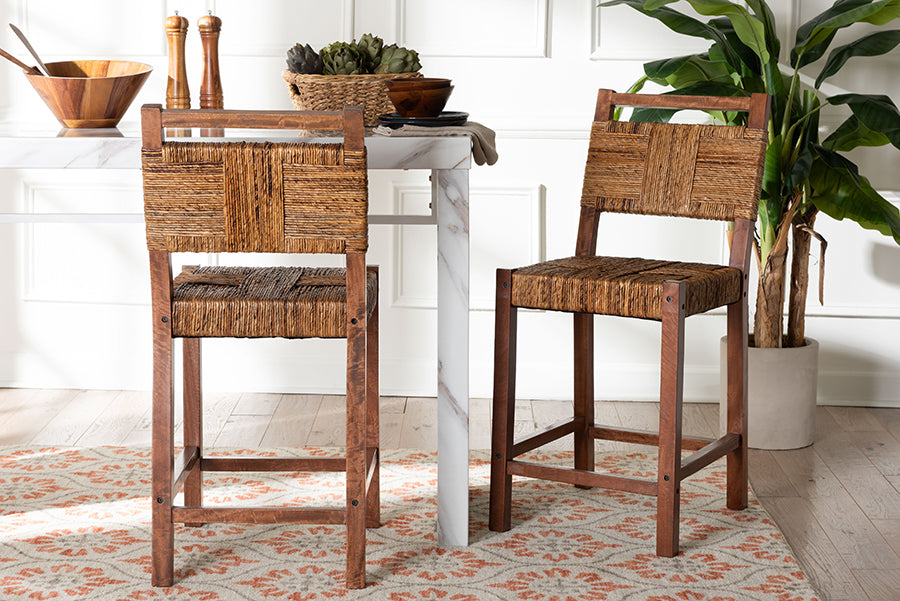Chabela Seagrass Counter Stool Set of 2 - Solid Mango Wood Frame with Woven Seat and Backrest, Rustic Boho Style Dining or Kitchen Island Seating, Brown