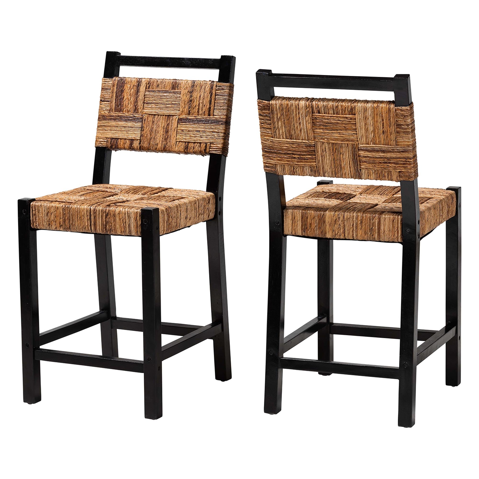 Raniya Seagrass Counter Stool Set of 2 - Solid Mango Wood Frame with Woven Seat and Backrest, Rustic Boho Style Dining or Kitchen Island Seating, Black