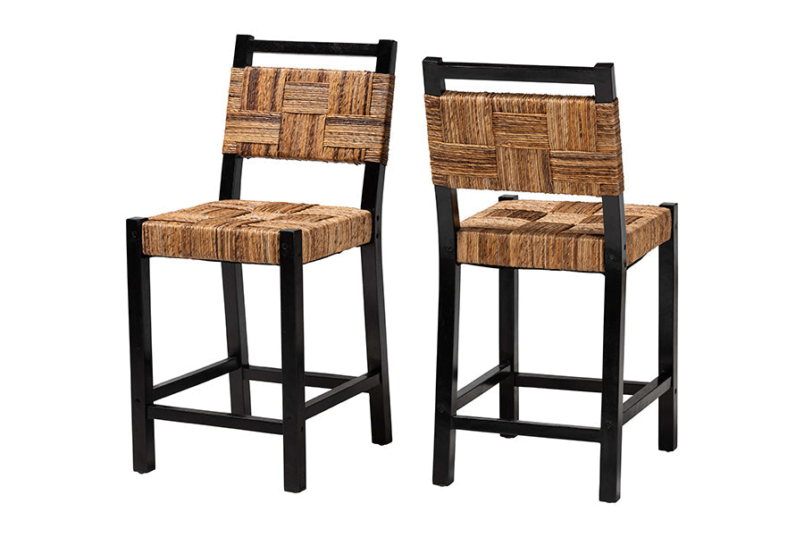 Raniya Seagrass Counter Stool Set of 2 - Solid Mango Wood Frame with Woven Seat and Backrest, Rustic Boho Style Dining or Kitchen Island Seating, Black