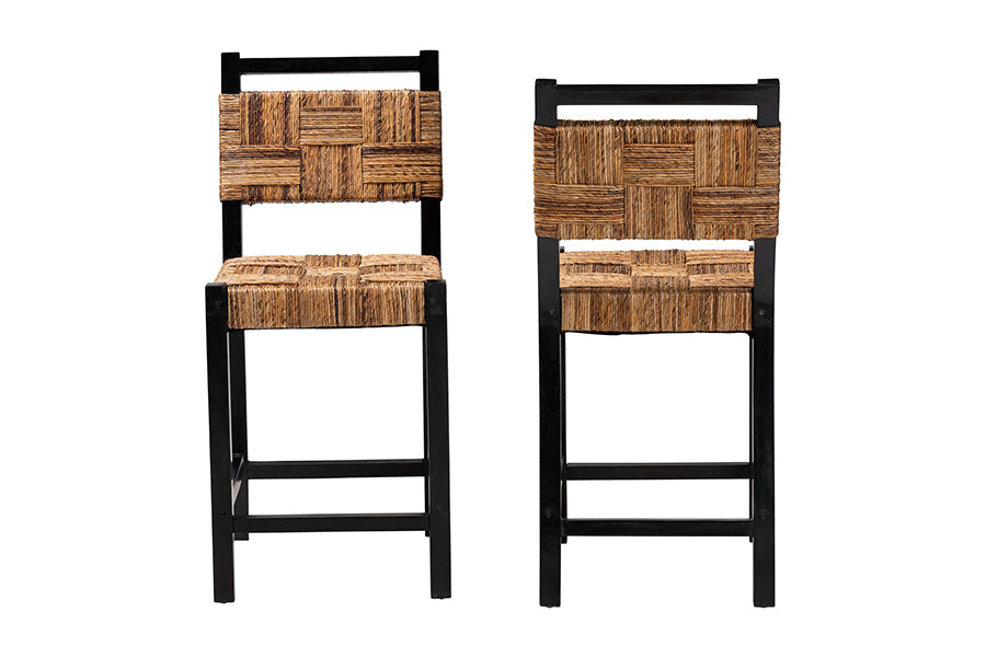 Raniya Seagrass Counter Stool Set of 2 - Solid Mango Wood Frame with Woven Seat and Backrest, Rustic Boho Style Dining or Kitchen Island Seating, Black