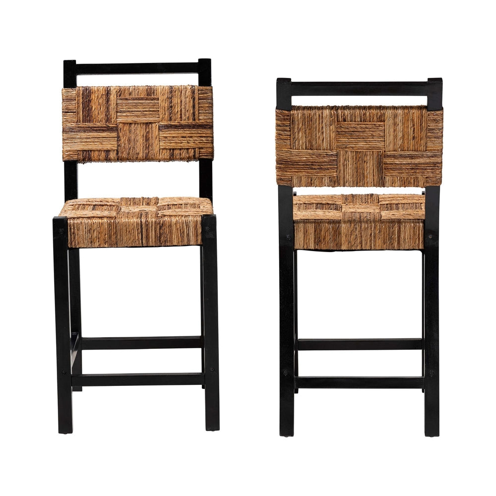 Raniya Seagrass Counter Stool Set of 2 - Solid Mango Wood Frame with Woven Seat and Backrest, Rustic Boho Style Dining or Kitchen Island Seating, Black