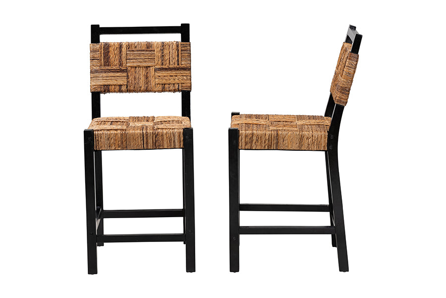 Raniya Seagrass Counter Stool Set of 2 - Solid Mango Wood Frame with Woven Seat and Backrest, Rustic Boho Style Dining or Kitchen Island Seating, Black