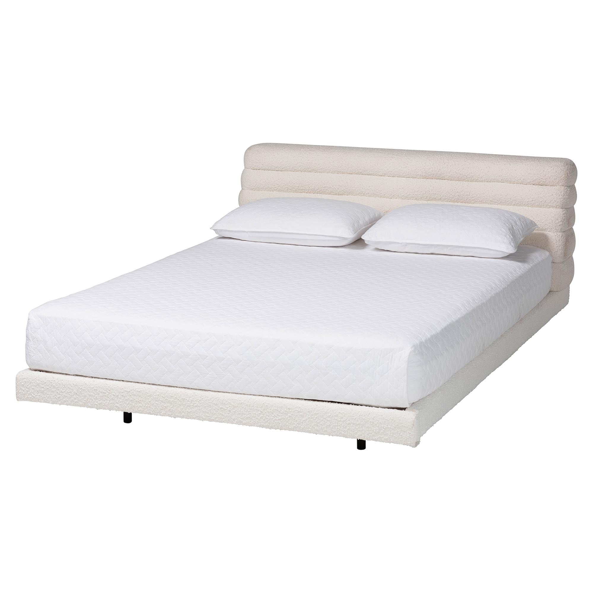 Alfie Boucle Floating Bed with Channel Tufted Headboard - Low Profile Minimalist Platform Bed Frame, Cream, Queen