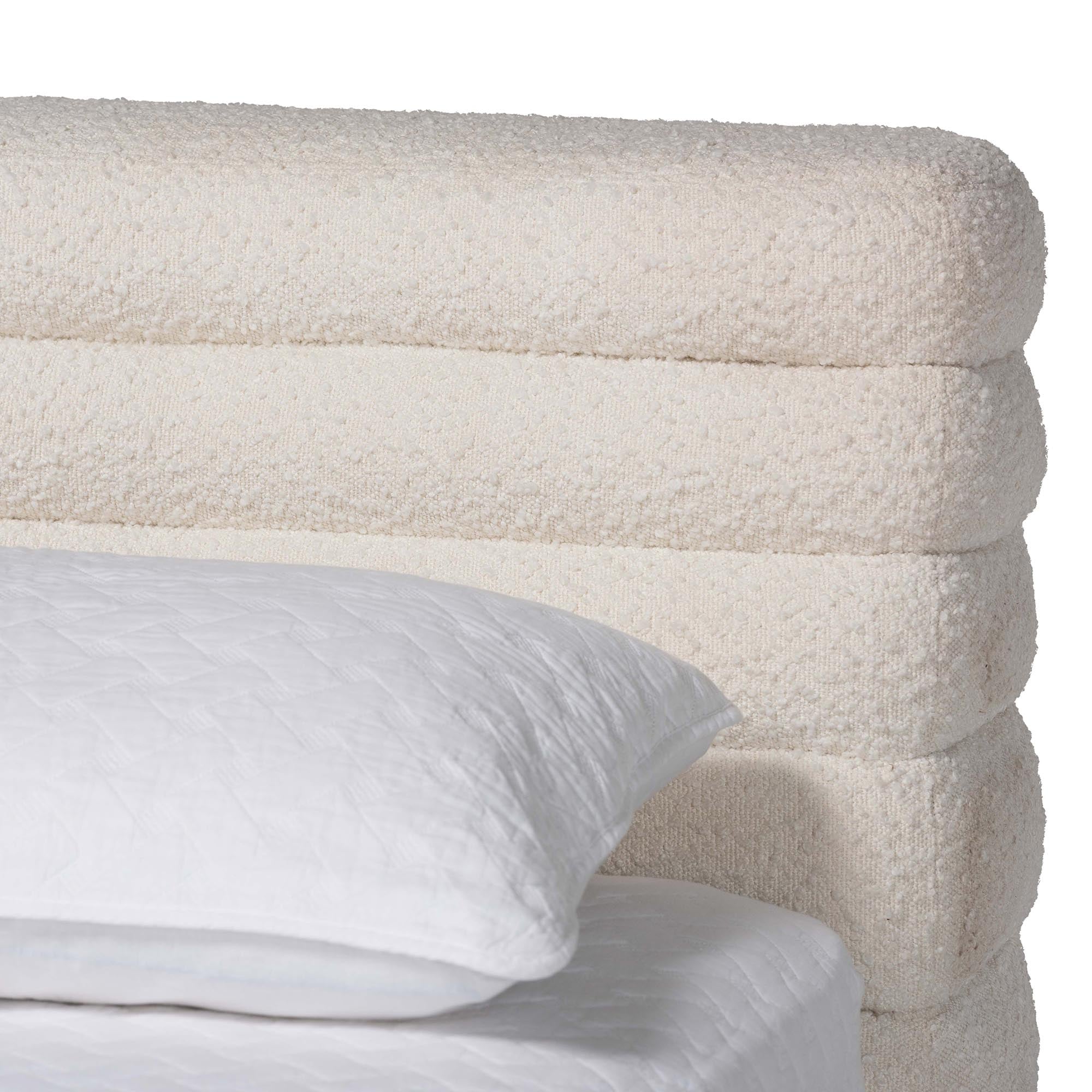 Alfie Boucle Floating Bed with Channel Tufted Headboard - Low Profile Minimalist Platform Bed Frame, Cream, King