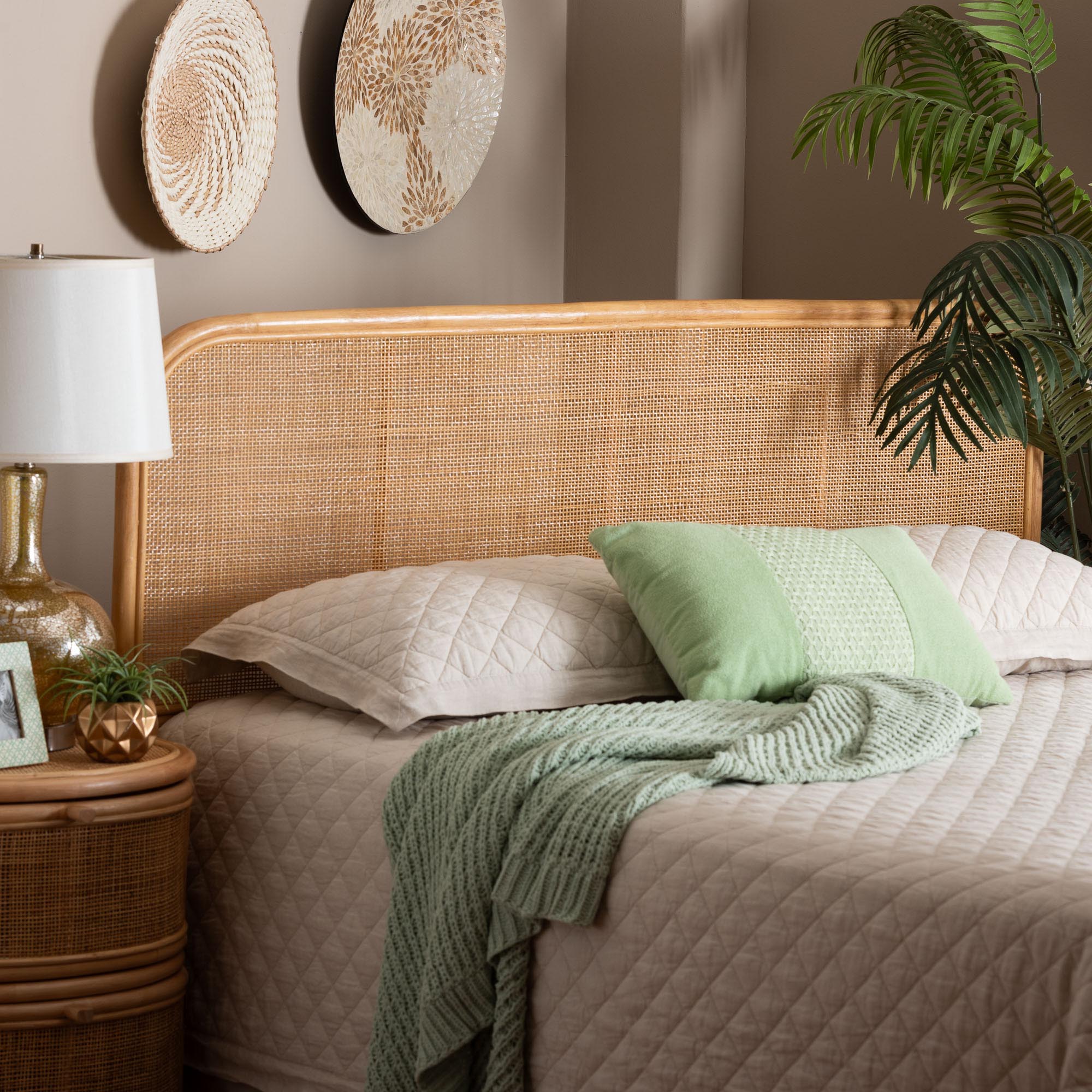 Agota Natural Rattan Standalone Headboard - Handwoven Wicker Panel with Rounded Corners and Rattan Frame, Coastal Boho Style Bedroom Decor, Queen