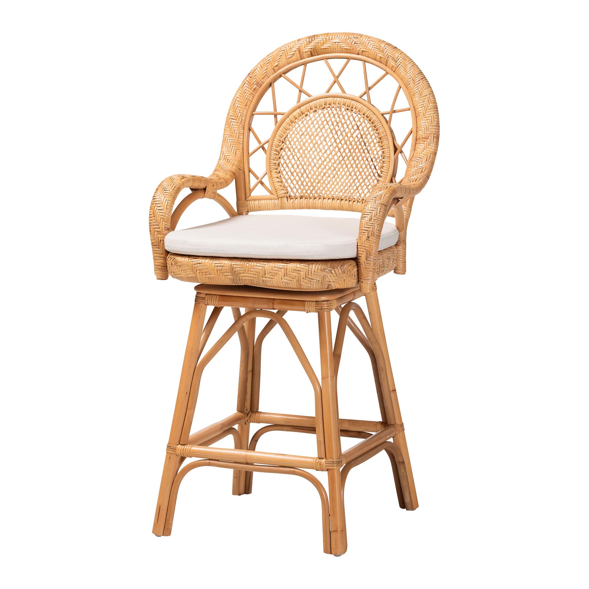 bali & pari Adam Natural Rattan Counter Stool with Cushion - Handwoven Wicker Swivel Bar Chair for Kitchen Island or Lounge Area