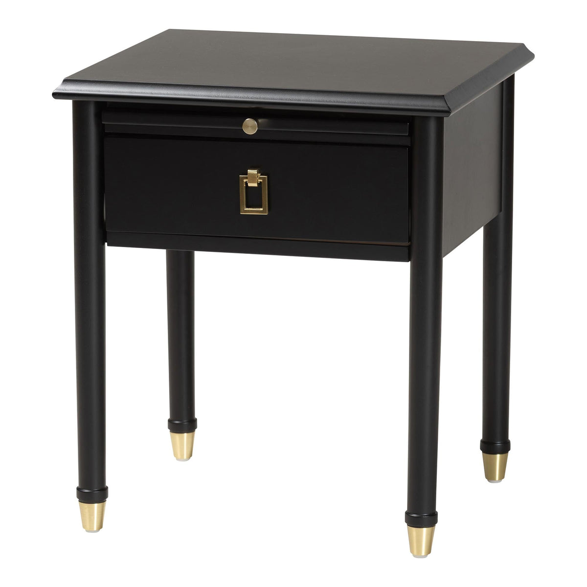 Tamra Black Wood Nightstand with Pullout Shelf - Modern Transitional Bedside Table with Metallic Accents