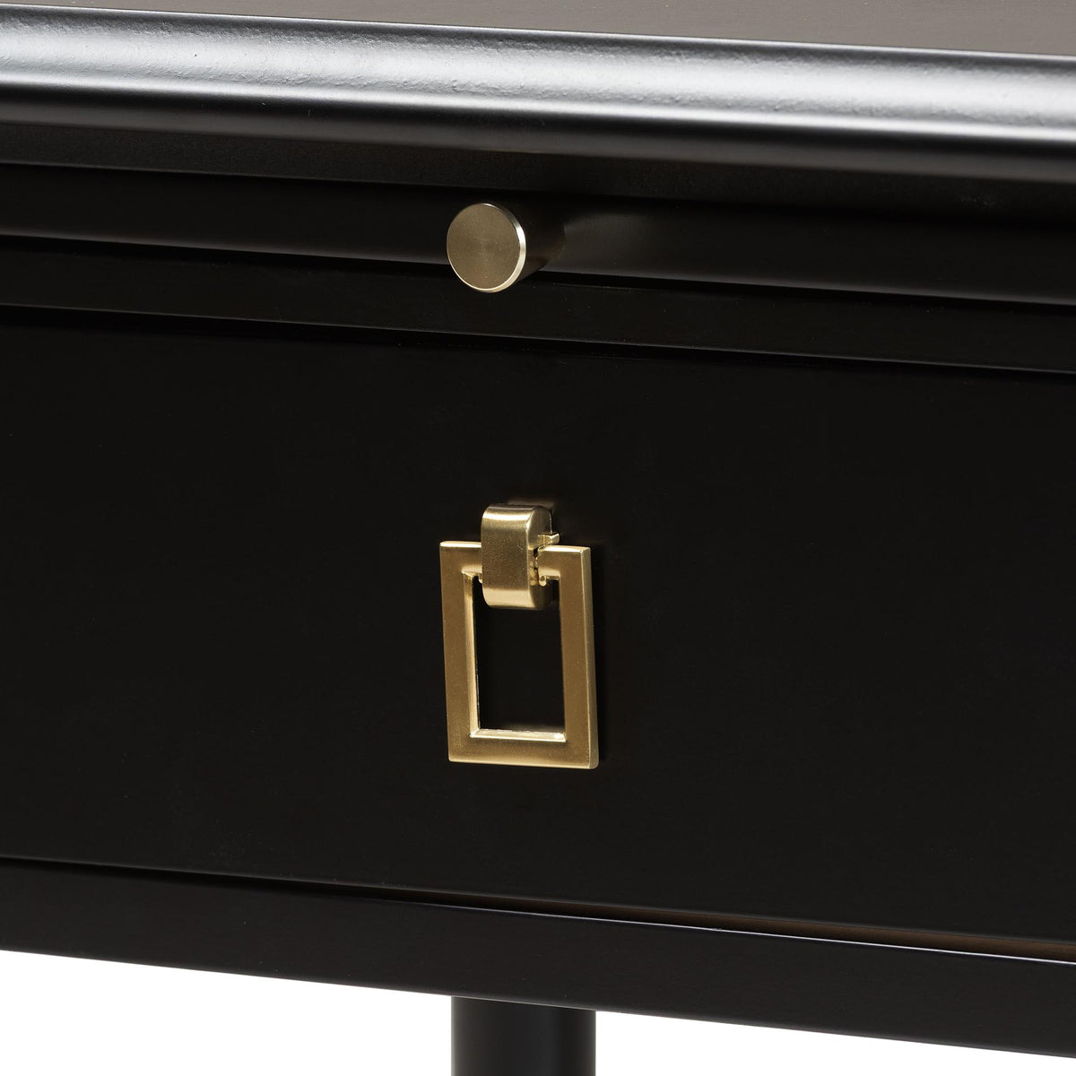 Tamra Black Wood Nightstand with Pullout Shelf - Modern Transitional Bedside Table with Metallic Accents