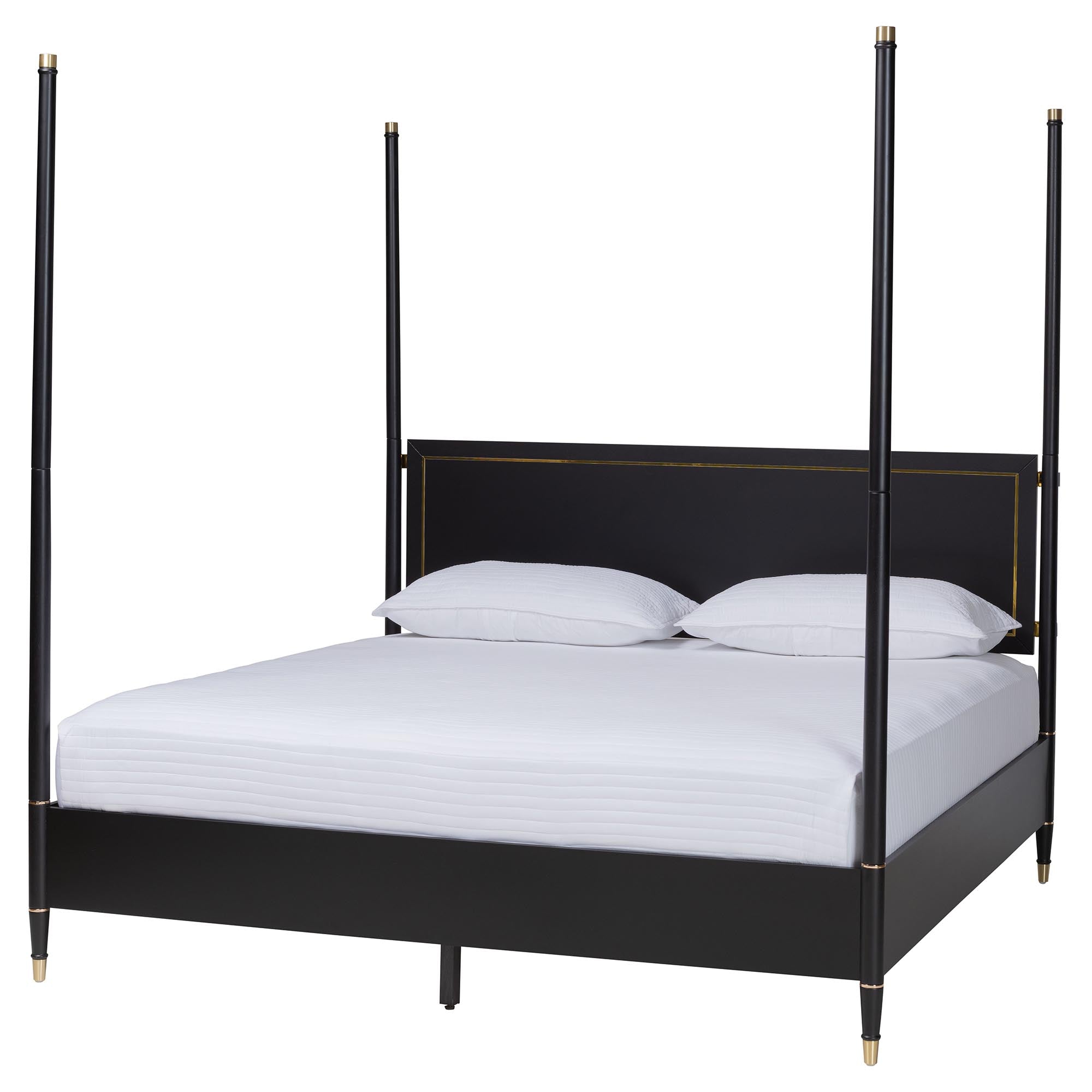 Tamra Four-Poster Platform Bed - Black Wood Bed Frame with Metallic Trim and Capped Legs, Modern Transitional Bedroom Furniture, King