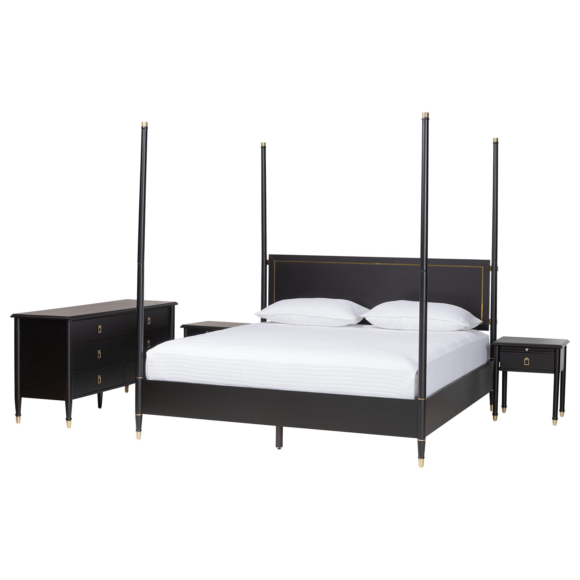 Baxton Studio Tamra Four-Poster Platform Bedroom Set - Black Wood Bed Frame with Matching Dresser and Two Nightstands, Modern Transitional Bedroom Furniture, King