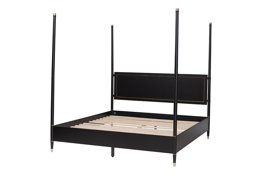 Tamra Four-Poster Platform Bed - Black Wood Bed Frame with Metallic Trim and Capped Legs, Modern Transitional Bedroom Furniture, King